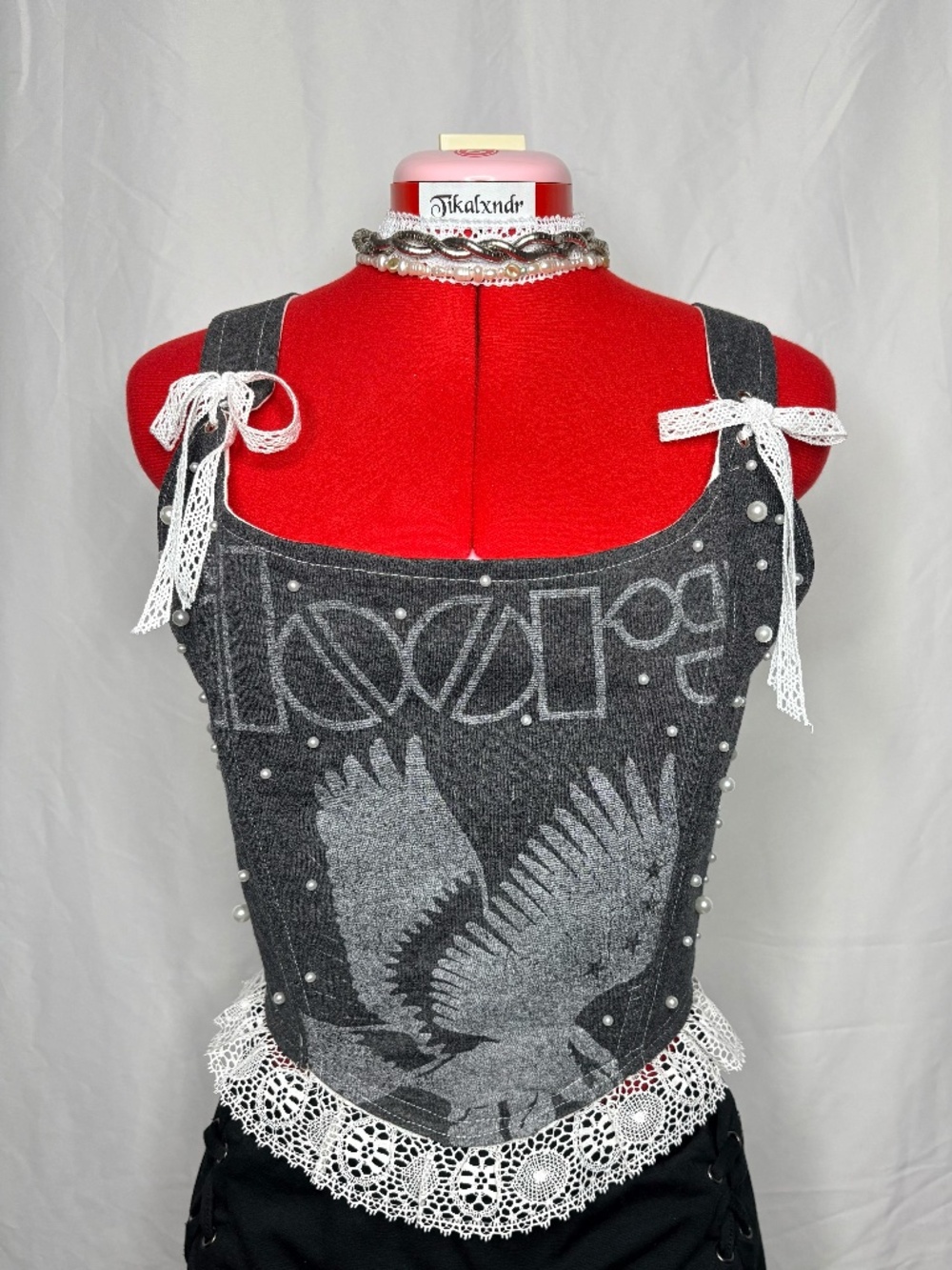 Reworked Large "The Doors" Corset Top| Lace & Pearl Studded Details